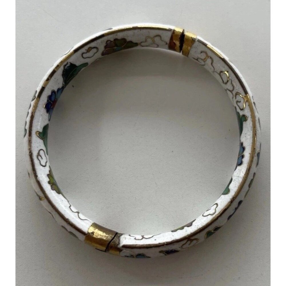Vintage White Enamel Cloisonné Floral Blue Multi Color Hinged  Bangle Sz 7.5” - Picture 12 of 14